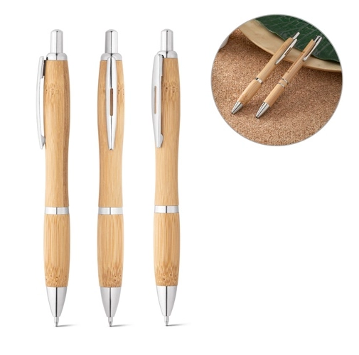 NICOLE. Bolígrafo de bambú con clip y detalles metálicos