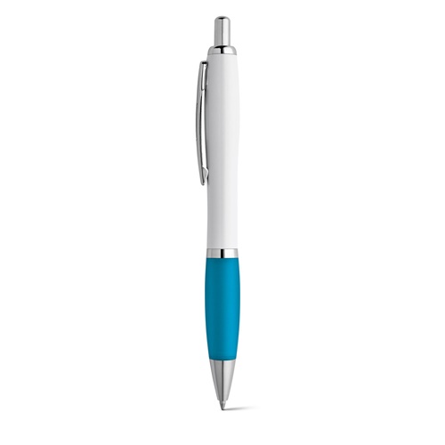 azul claro MOVE. Bolígrafo fabricado en ABS blanco con clip metálico