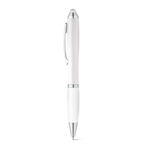white SANS. Bolígrafo con mecanismo de giro y clip metálico