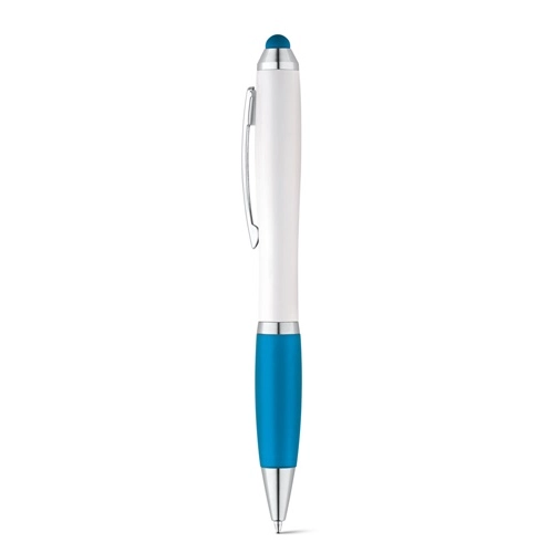 azul claro SANS. Bolígrafo con mecanismo de giro y clip metálico