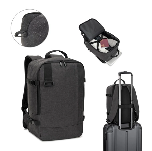 CIES. MOCHILA HECHA PARA QUE CUMPLA CON LAS MEDIDAS QUE PIDEN LAS AEROLÍNEAS, FABRICADA CON POLIÉSTER RECICLADO DE ALTA RESISTENCIA