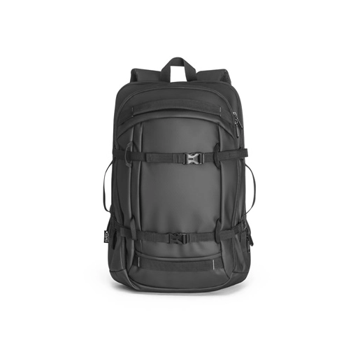 black KAMPALA. Mochila para portátil en poliéster reciclado de alta densidad 900D, con revestimiento resistente al agua y forro de poliéster reciclado 210D 17\'3\