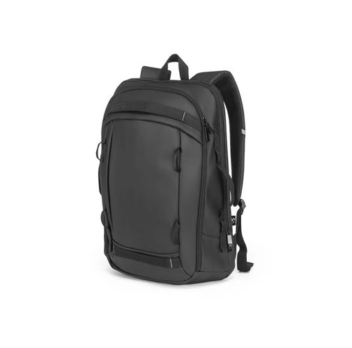 black KAMPALA. Mochila para portátil en poliéster reciclado de alta densidad 900D, con revestimiento resistente al agua y forro de poliéster reciclado 210D 17\'3\