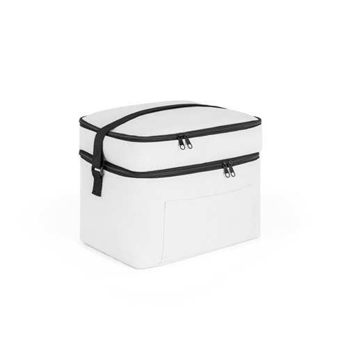 white CANCUN LARGE. Bolsa térmica de poliéster reciclado 600D, con correa de cincha ajustable