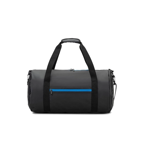 azul royal OSASCO SPORT. Bolsa de deporte de forma cilíndrica fabricada en poliéster reciclado 600D de alta densidad con compartimento lateral para zapatillas