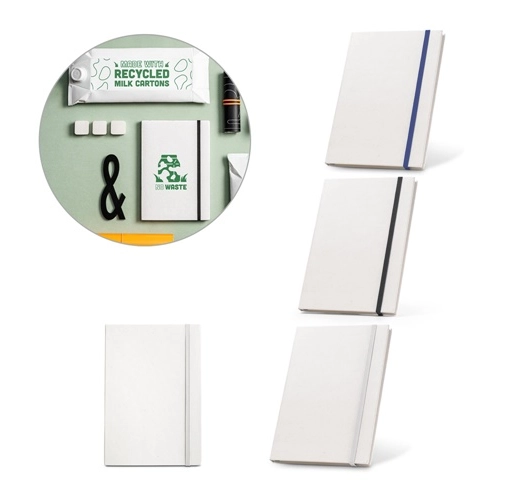MILKY. Bloc de notas A5 hecho con cartones de leche reciclados con páginas a rayas