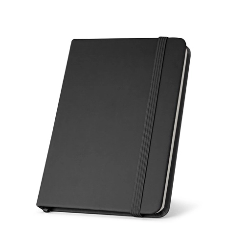 black CAMPUS. Cuaderno A5 de tapa dura en PU (35% reciclado) con páginas rayadas 100% reciclado