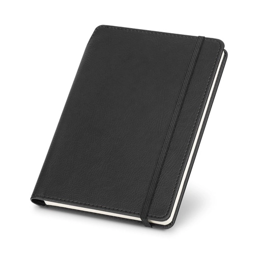 black MORIAH. Bloc de notas A5 en PU con hojas rayadas, fabricado con material certificado FSC™ y otros materiales controlados