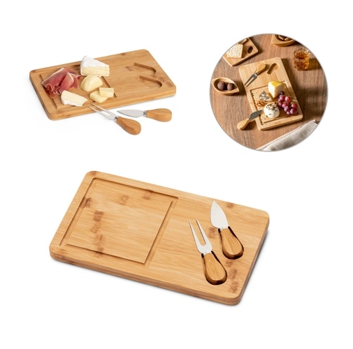 WOODS. Tabla de quesos de bambú. Incluye 2 utensilios fabricados en bambú y acero inoxidable