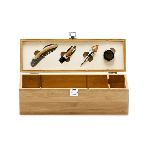 SYRAH. Set de vino suministrado en caja, fabricado en bambú, zinc y acero inoxidable