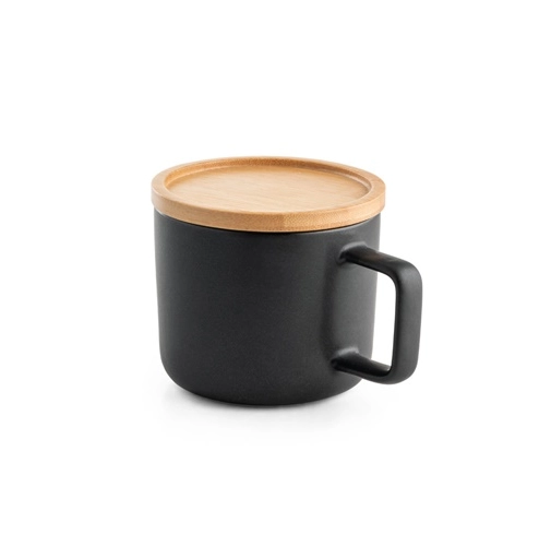 FANGIO. Taza de cerámica con tapa y base de bambú de 220 mL