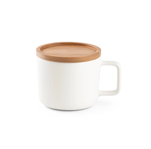 FANGIO. Taza de cerámica con tapa y base de bambú de 220 mL