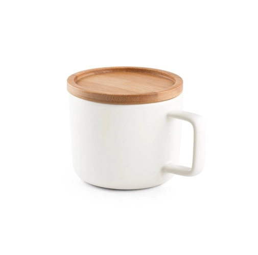 FANGIO. Taza de cerámica con tapa y base de bambú de 220 mL