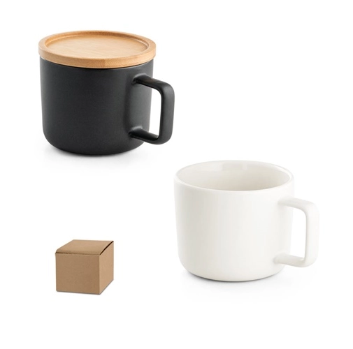 FANGIO. Taza de cerámica con tapa y base de bambú de 220 mL