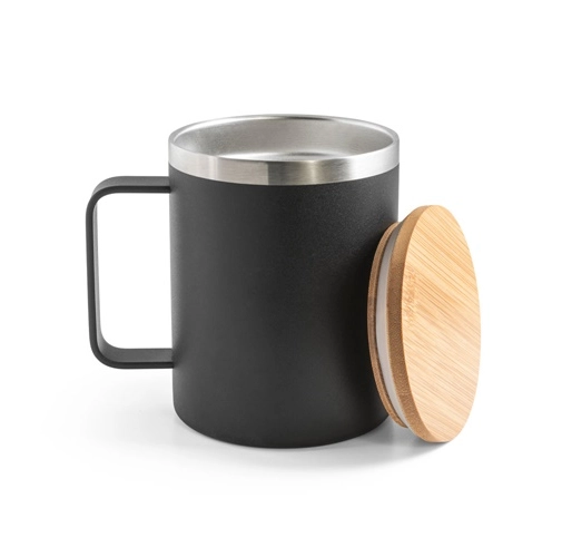 LAUDA. Taza de acero inoxidable 90% reciclado con tapa de bambú 420 mL