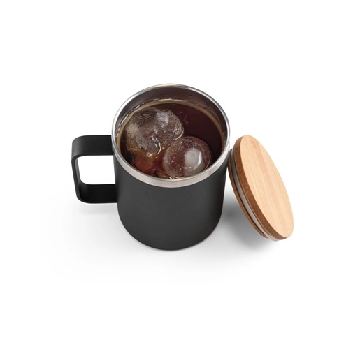 LAUDA. Taza de acero inoxidable 90% reciclado con tapa de bambú 420 mL