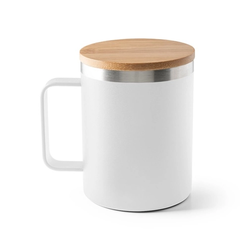 LAUDA. Taza de acero inoxidable 90% reciclado con tapa de bambú 420 mL