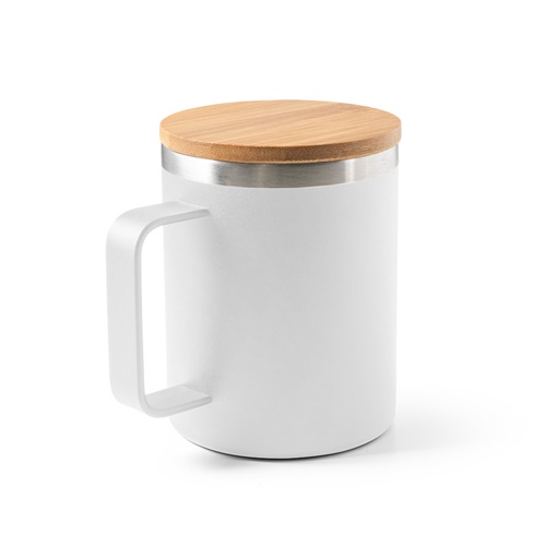 white LAUDA. Taza de acero inoxidable 90% reciclado con tapa de bambú 420 mL