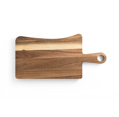 natural oscuro CASSIA. Tabla para quesos de madera de acacia con mango, fabricada con material certificado FSC™ y otros materiales controlados