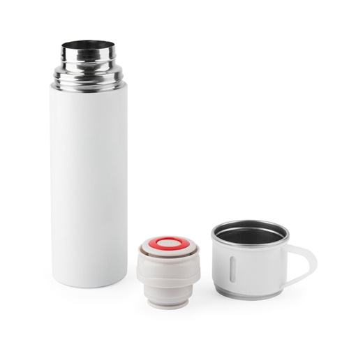 white COMANECI. Botella de acero inoxidable de doble pared (90% reciclado) con acabado mate 490 mL