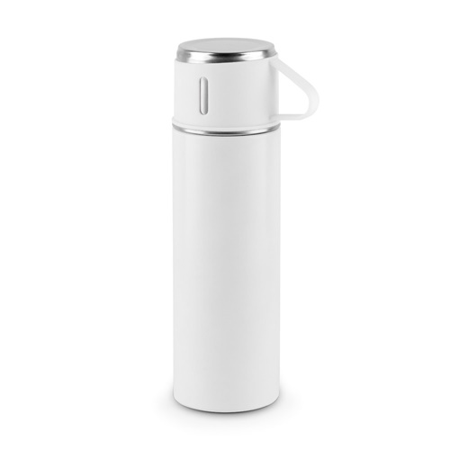 white COMANECI. Botella de acero inoxidable de doble pared (90% reciclado) con acabado mate 490 mL