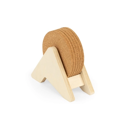 PLYCORK. Soporte de madera contrachapada con 6 posavasos de corcho