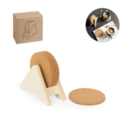 PLYCORK. Soporte de madera contrachapada con 6 posavasos de corcho