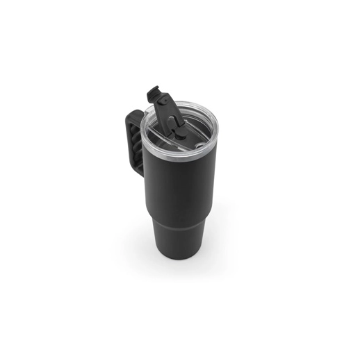 black JOYNER XL. Vaso de viaje grande de acero inoxidable (91 % reciclado) con aislamiento al vacío de doble pared y acabado mate de 1300 ml