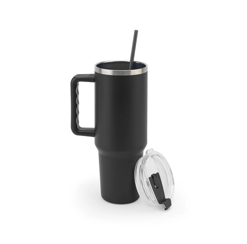 black JOYNER XL. Vaso de viaje grande de acero inoxidable (91 % reciclado) con aislamiento al vacío de doble pared y acabado mate de 1300 ml