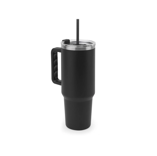 black JOYNER XL. Vaso de viaje grande de acero inoxidable (91 % reciclado) con aislamiento al vacío de doble pared y acabado mate de 1300 ml