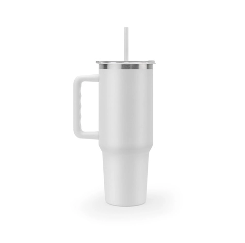 white JOYNER XL. Vaso de viaje grande de acero inoxidable (91 % reciclado) con aislamiento al vacío de doble pared y acabado mate de 1300 ml