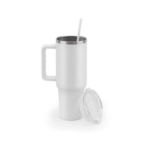 white JOYNER XL. Vaso de viaje grande de acero inoxidable (91 % reciclado) con aislamiento al vacío de doble pared y acabado mate de 1300 ml