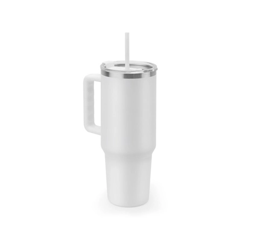 white JOYNER XL. Vaso de viaje grande de acero inoxidable (91 % reciclado) con aislamiento al vacío de doble pared y acabado mate de 1300 ml