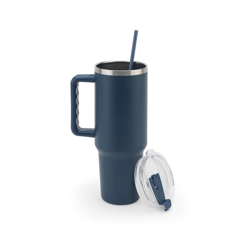 azul marino JOYNER XL. Vaso de viaje grande de acero inoxidable (91 % reciclado) con aislamiento al vacío de doble pared y acabado mate de 1300 ml