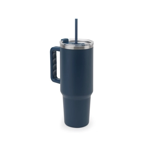 azul marino JOYNER XL. Vaso de viaje grande de acero inoxidable (91 % reciclado) con aislamiento al vacío de doble pared y acabado mate de 1300 ml
