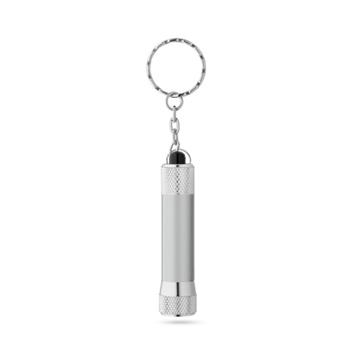 cromado satinado RE-LERGAN. Llavero de aluminio (92% reciclado) con linterna LED de 3 posiciones