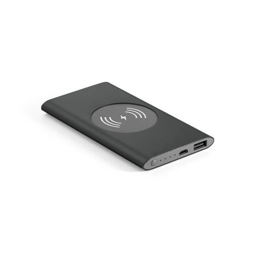 black CASSINI. Power bank 4\'000 mAh con cargador inalámbrico de 5W, fabricado en aluminio reciclado (100% rAL)