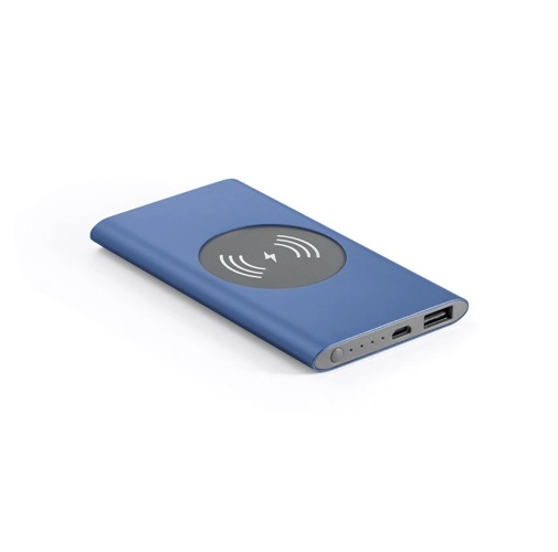 blue CASSINI. Power bank 4\'000 mAh con cargador inalámbrico de 5W, fabricado en aluminio reciclado (100% rAL)