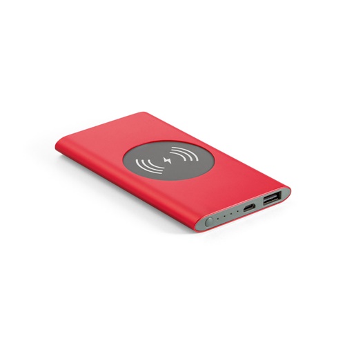red CASSINI. Power bank 4\'000 mAh con cargador inalámbrico de 5W, fabricado en aluminio reciclado (100% rAL)