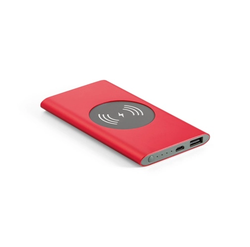 red CASSINI. Power bank 4\'000 mAh con cargador inalámbrico de 5W, fabricado en aluminio reciclado (100% rAL)