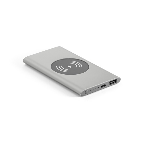 cromado satinado CASSINI. Power bank 4\'000 mAh con cargador inalámbrico de 5W, fabricado en aluminio reciclado (100% rAL)