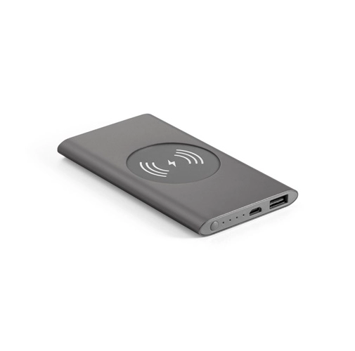 gris oscuro CASSINI. Power bank 4\'000 mAh con cargador inalámbrico de 5W, fabricado en aluminio reciclado (100% rAL)