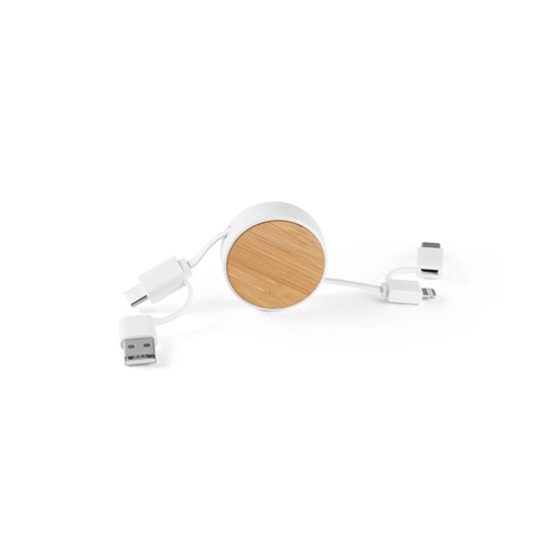 white RUBINS. Cable USB retráctil 6 en 1 en ABS reciclado (100% rABS) y bambú