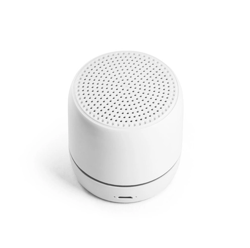 white TURING. Altavoz portátil de 3W con 4 horas de autonomía, fabricado en ABS reciclado (100% rABS)