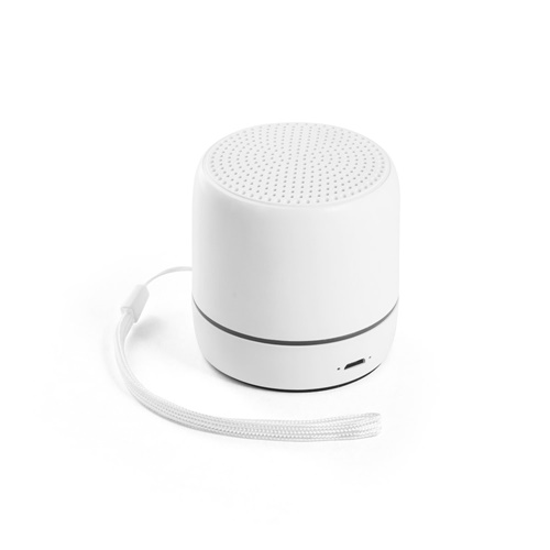 white TURING. Altavoz portátil de 3W con 4 horas de autonomía, fabricado en ABS reciclado (100% rABS)