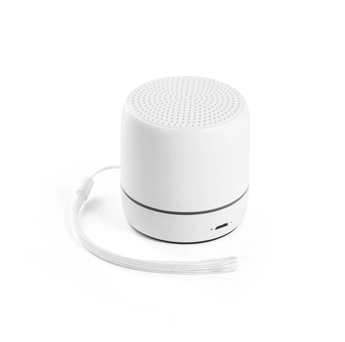 white TURING. Altavoz portátil de 3W con 4 horas de autonomía, fabricado en ABS reciclado (100% rABS)