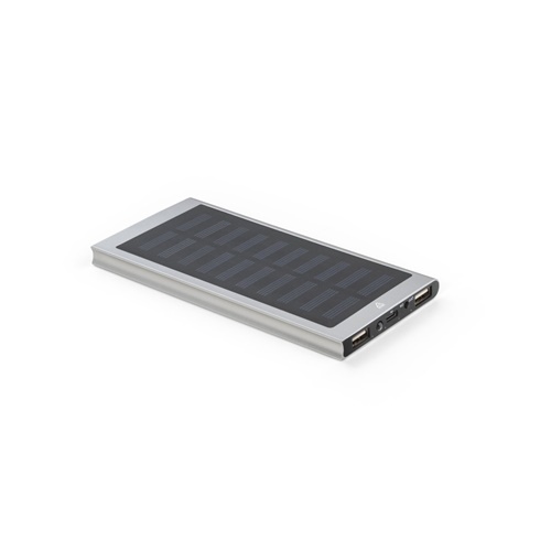 cromado satinado CLERK. Power bank 8\'000 mAh con panel solar en aluminio 100% reciclado