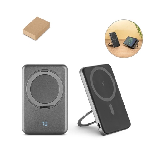 WARSHEL 5. BATERÍA EXTERNA MAGNÉTICA DE 5000 MAH CON CARGADOR INALÁMBRICO ULTRARRÁPIDO DE 15 W EN ABS RECICLADO (100 % RABS) Y SOPORTE