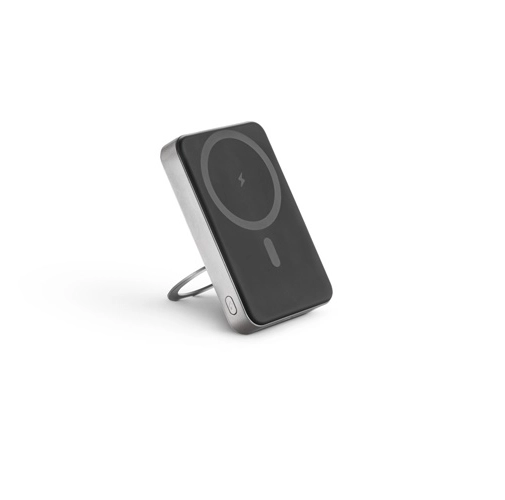 gris oscuro WARSHEL 10. Batería externa magnética de 10 000 mAh con cargador inalámbrico ultrarrápido de 15 W en ABS reciclado (100 % rABS) y soporte