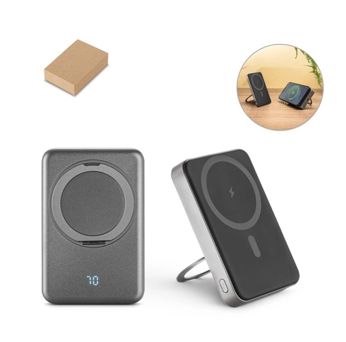 WARSHEL 10. BATERÍA EXTERNA MAGNÉTICA DE 10 000 MAH CON CARGADOR INALÁMBRICO ULTRARRÁPIDO DE 15 W EN ABS RECICLADO (100 % RABS) Y SOPORTE